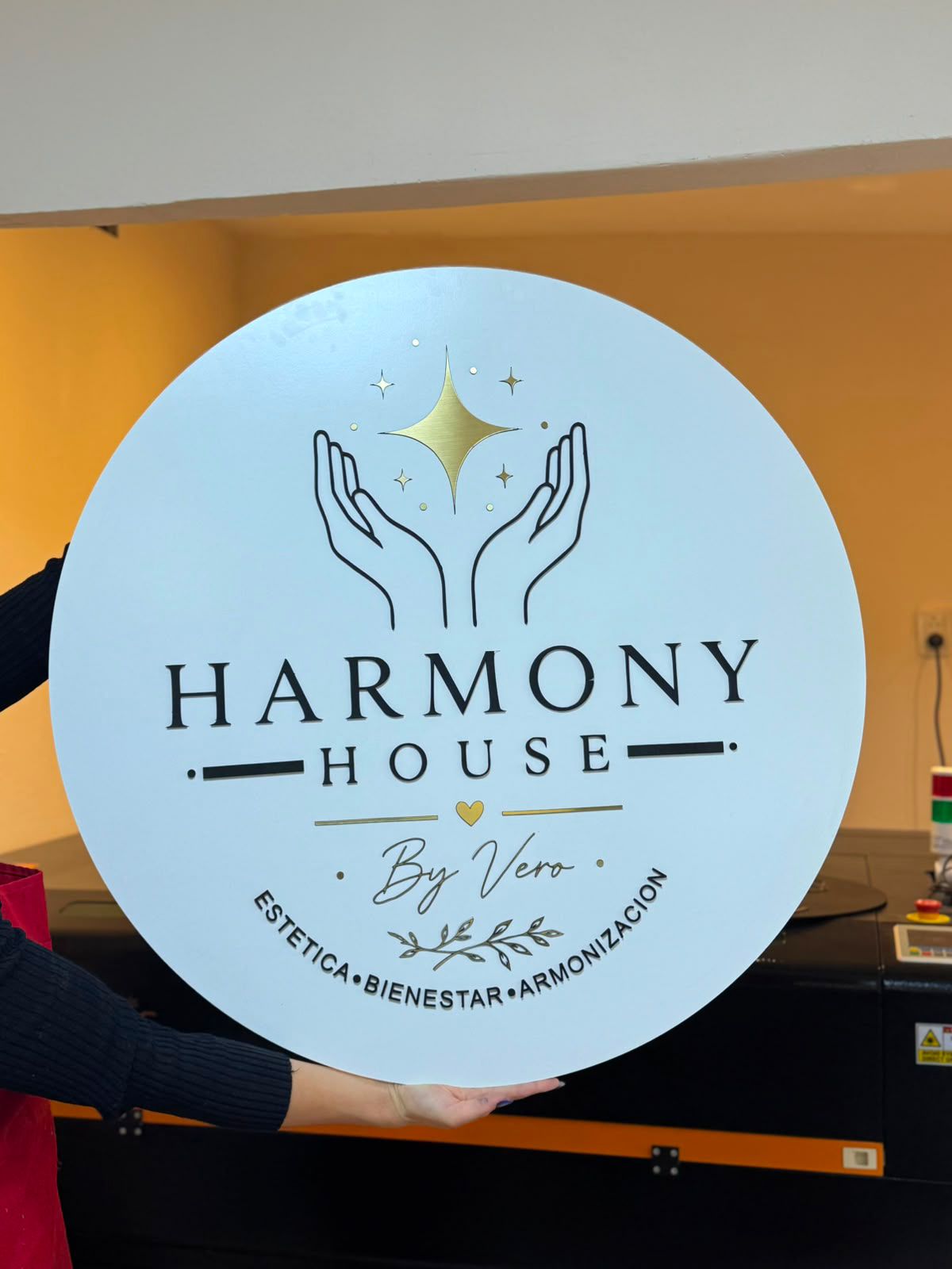 Cartel Harmony House, MDF celeste con relieve